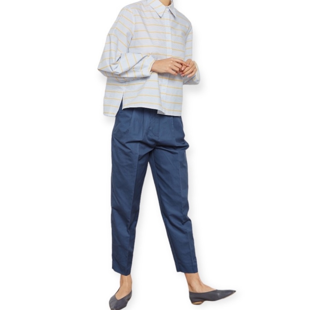 Mango Paperbag High Waist Pleated Belted Linen Blend Pant Blue size 4